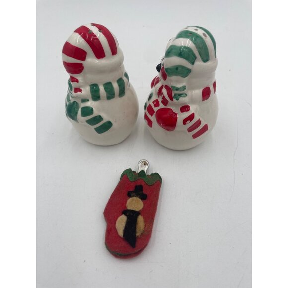 Snowman Ceramic Salt & Pepper Shakers With Christmas Felt Ornament - Red & Green - Picture 2 of 9